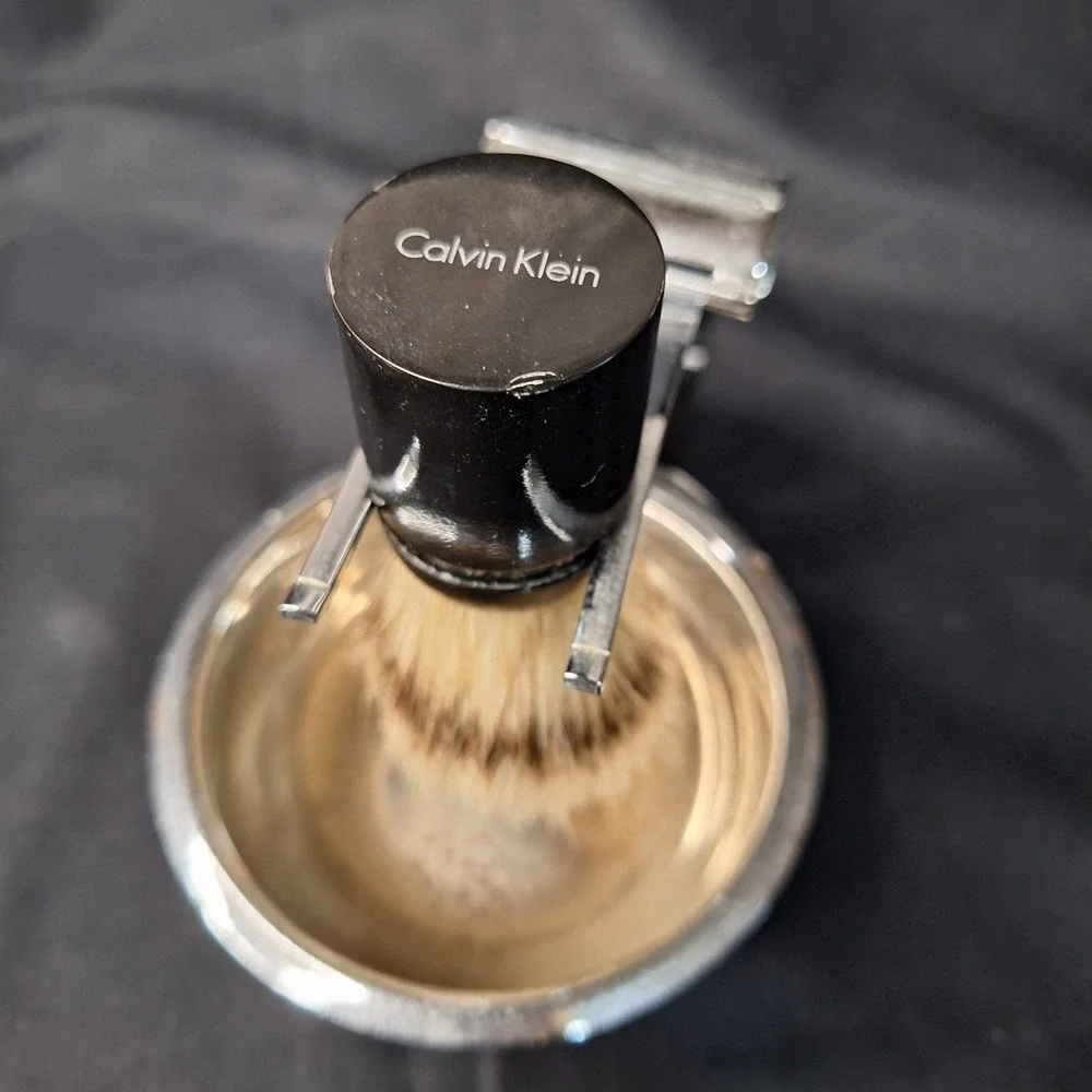 Calvin Klein Vintage Shaving Set Safety Razor Brush Bowl and Stand 4 Piece Kit